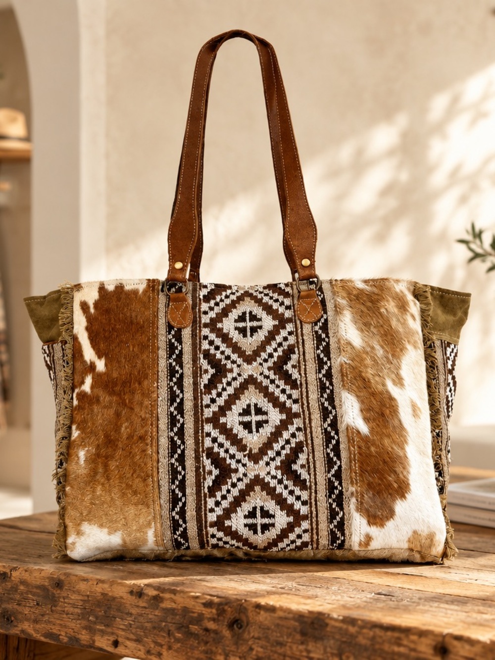 Myra Bag Western Cowhide Weekender Leather Duffle Travel Carry On Boho Cowgirl